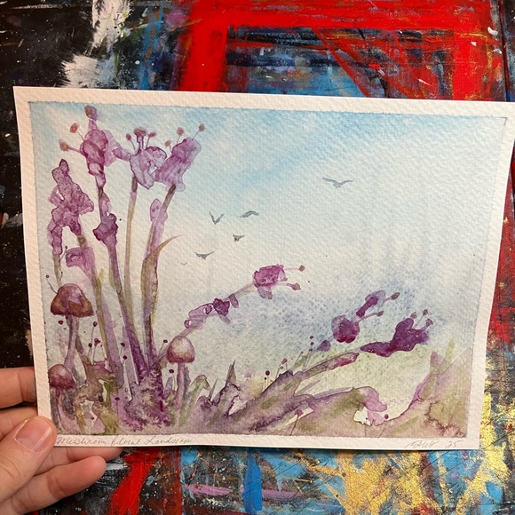 Original painting Mushrooms landscape NEW watercolor floral home decor art USA - Picture 4 of 7